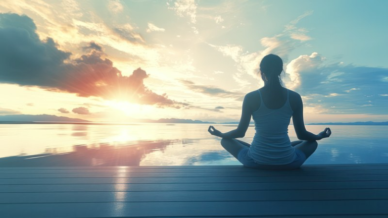 Woman practicing mindfulness for PTSD by the water at sunrise to support mental health and emotional wellness.