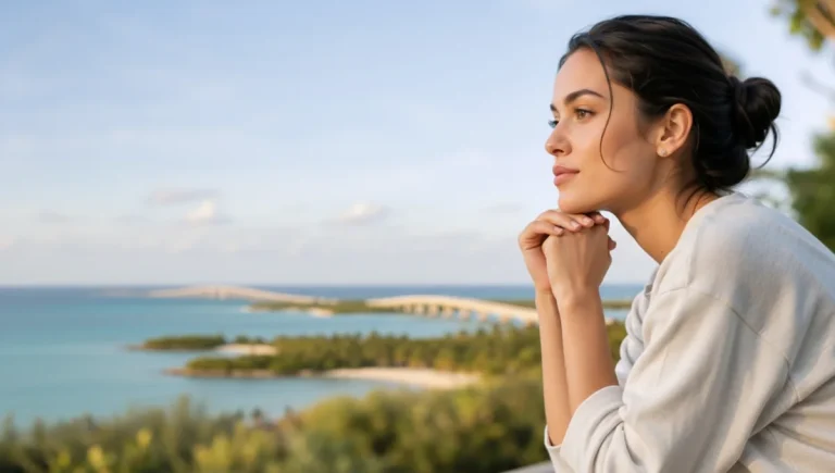 Woman reflecting on anxiety and emotional wellness overlooking the Florida Keys