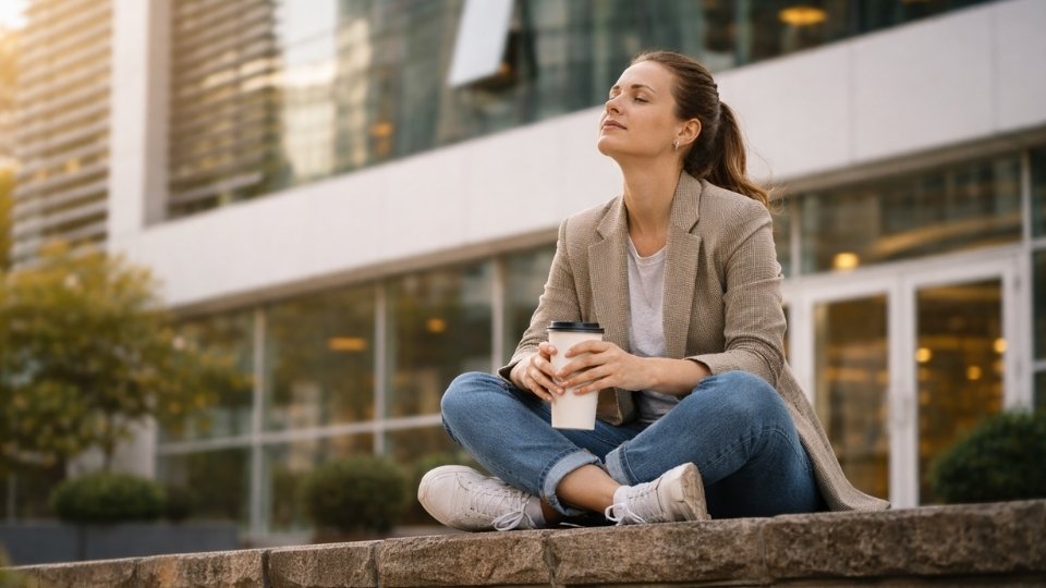 Woman taking a break from work to manage feelings of depression
