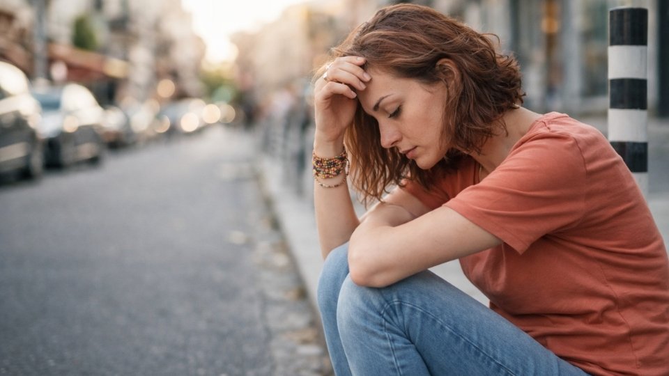 PTSD and Depression in a woman sitting on a curb thinking about life