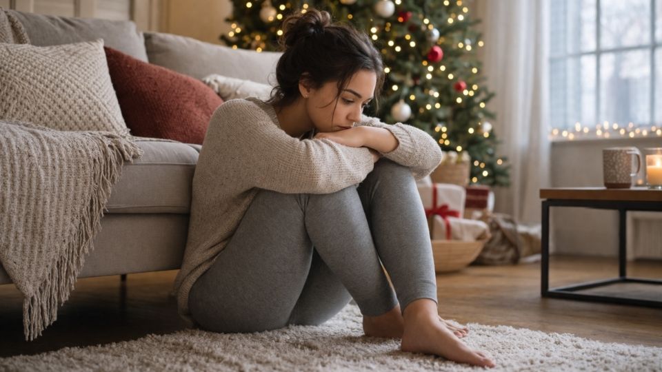 Woman experiencing holiday depression while sitting alone during the holidays