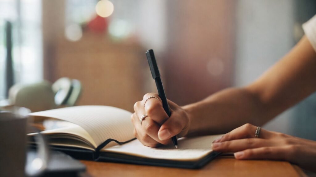 A woman writing a depression symptoms checklist in a journal