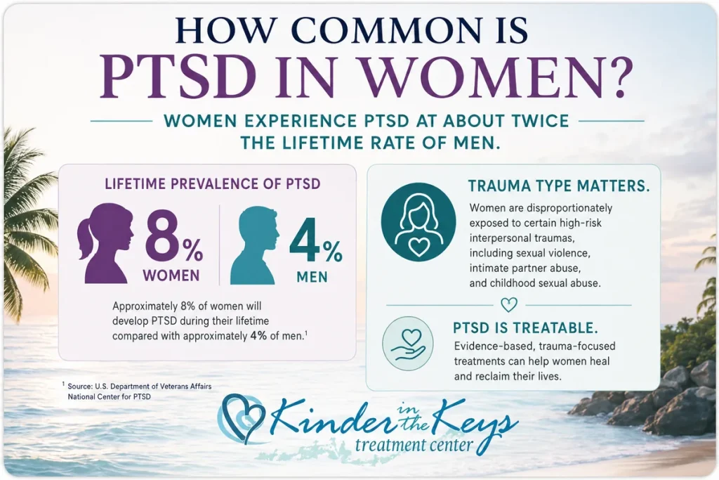 How common is PTSD in women infographic showing 8 percent lifetime prevalence in women compared with 4 percent in men