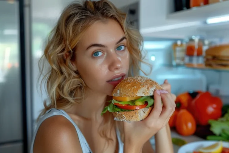 Woman holding food illustrating eating disorder behaviors and concerns in women