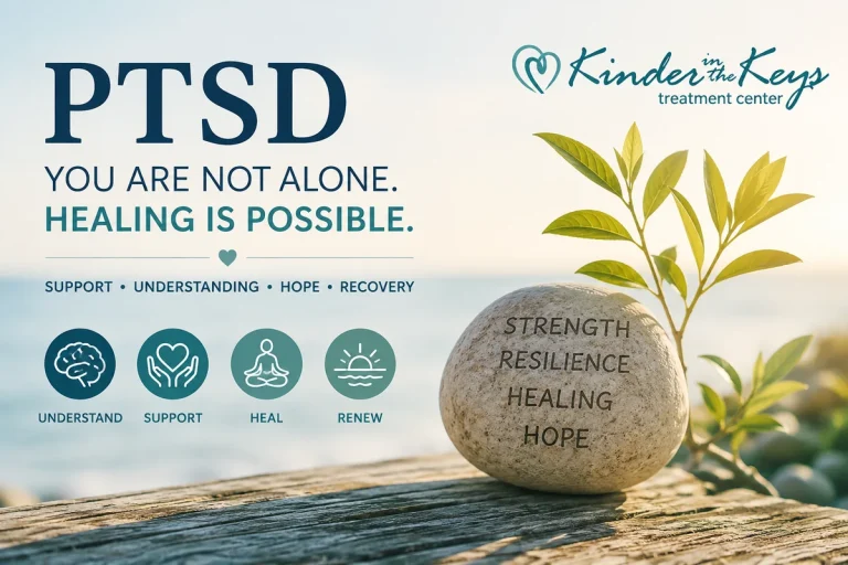 PTSD recovery graphic emphasizing strength, resilience, healing, hope, and mental health support
