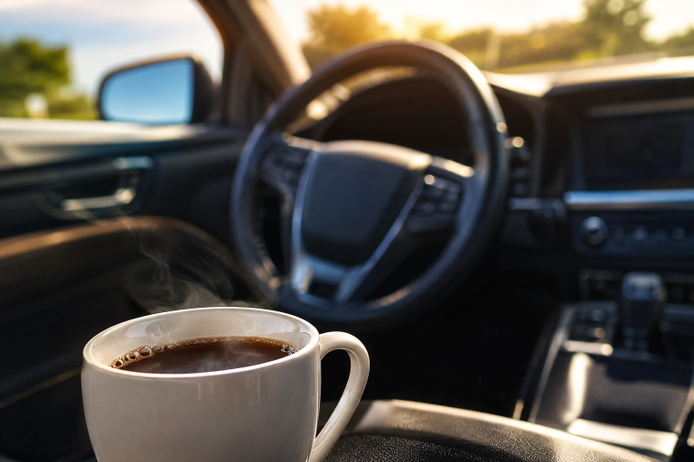 Coffee in a car representing caffeine use, withdrawal, and anxiety
