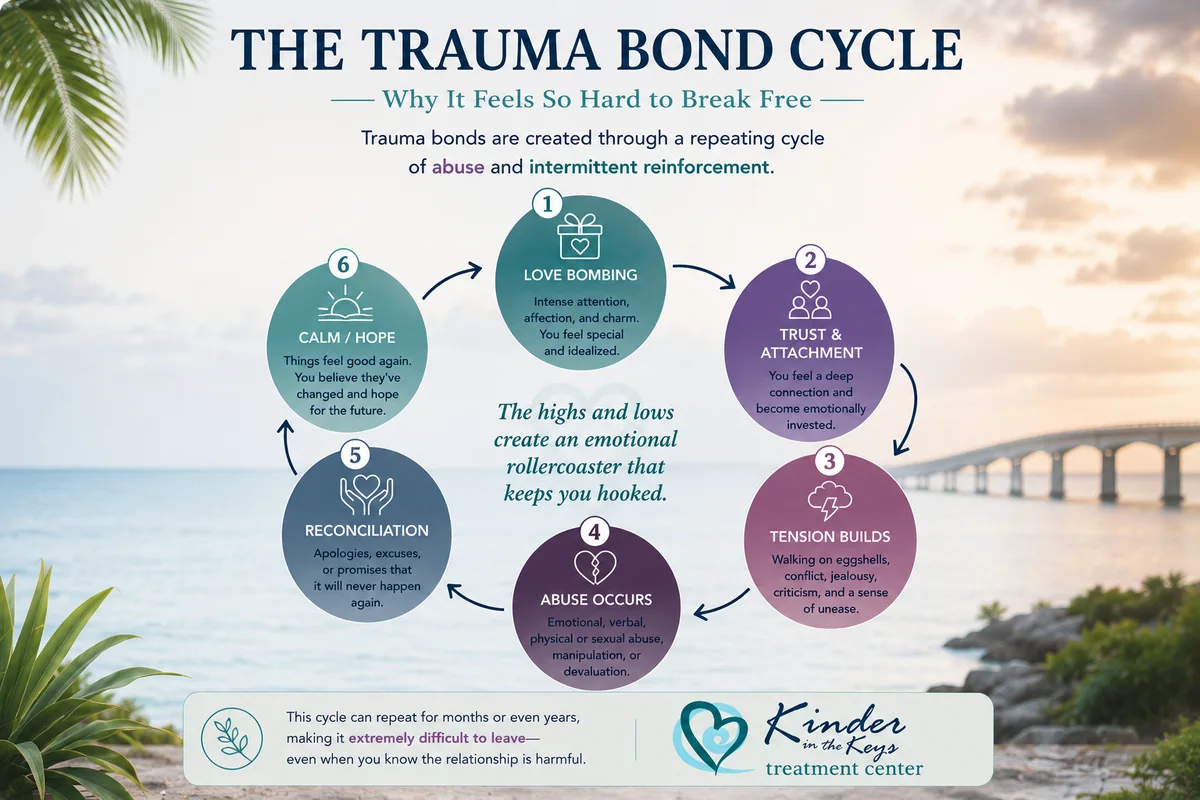 Trauma bond cycle showing love bombing, attachment, tension, abuse, reconciliation, and hope in abusive relationships