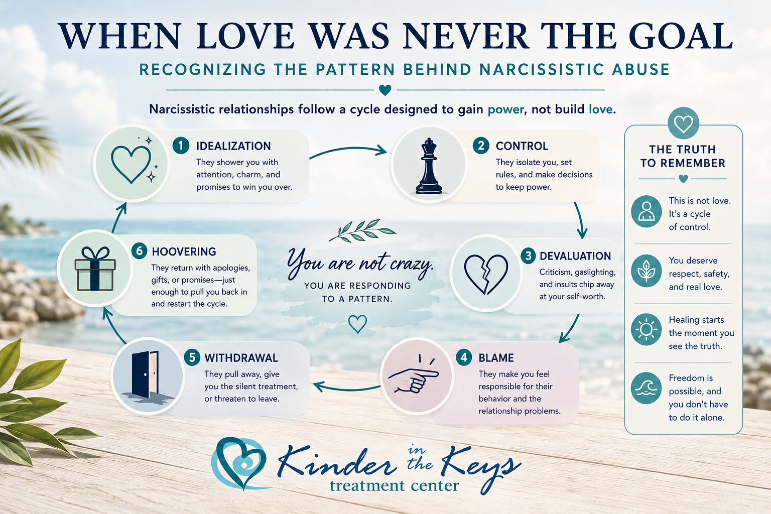 Narcissistic abuse cycle showing idealization, control, devaluation, blame, withdrawal, and hoovering in unhealthy relationships.