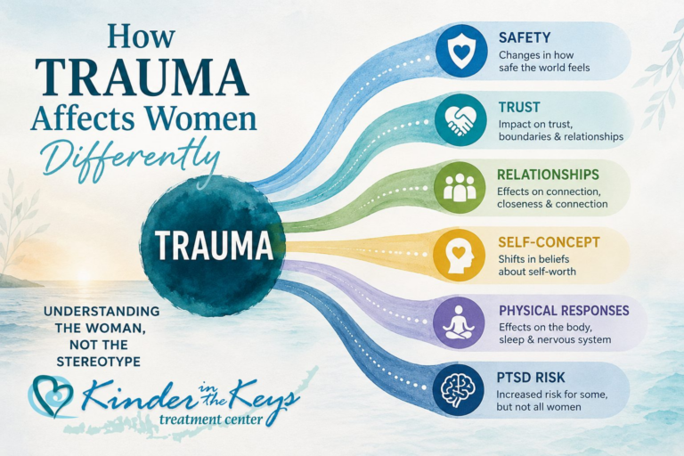 How trauma affects women differently through safety, trust, relationships, self-concept, physical responses, and PTSD risk