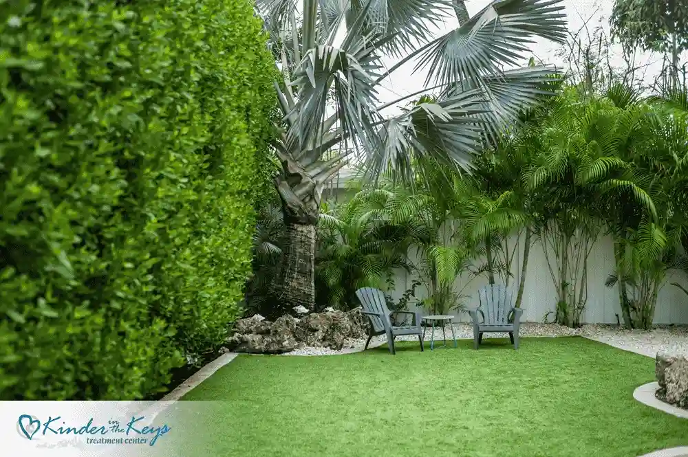 peaceful garden setting with chairs and greenery