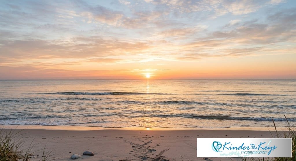 Sunrise over a calm ocean with gentle waves reaching a sandy beach, pastel clouds in the sky, and footprints leading toward the water.