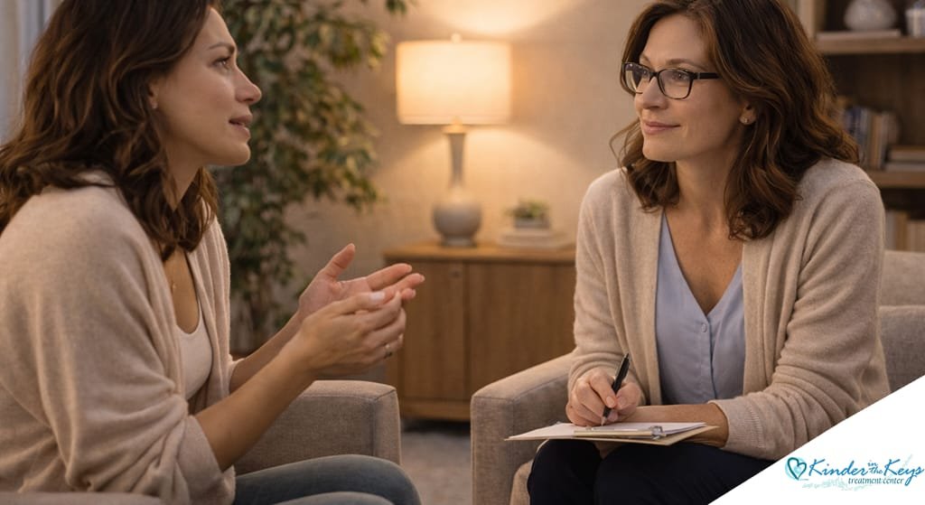 Patient talking with a therapist during a counseling session while the therapist listens and takes notes in a comfortable office setting.