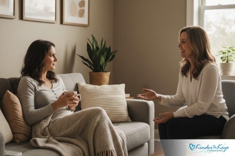 Trauma-informed therapist speaking with a client in a calm, supportive living room setting, emphasizing safety, trust, and compassionate mental health care.