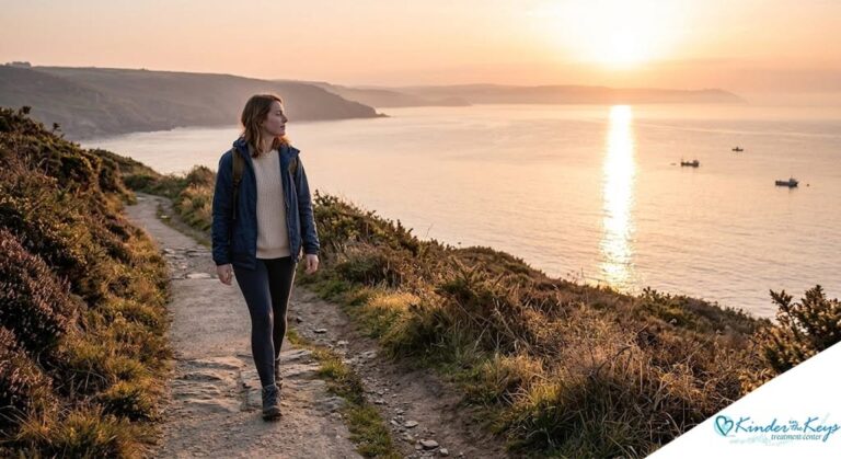 Woman walking along a coastal hiking trail at sunset overlooking the ocean with boats in the distance and golden light on the water.