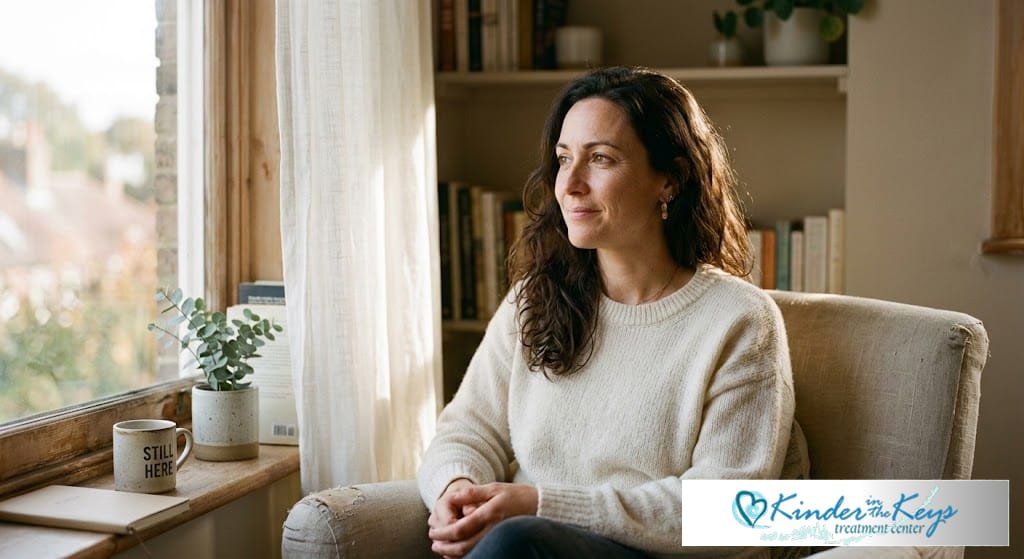 Woman sitting in a cozy chair by a window with natural light, looking thoughtfully outside, with a coffee mug and bookshelf in the background.