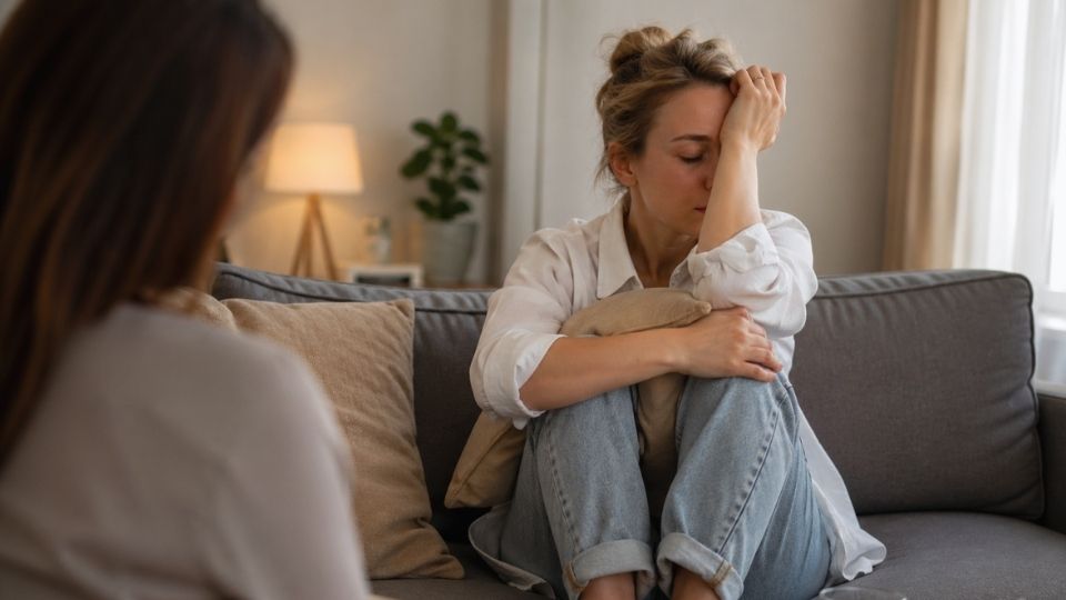 Cognitive Behavioral Therapy for Abandonment Issues hero image of a woman in therapy.
