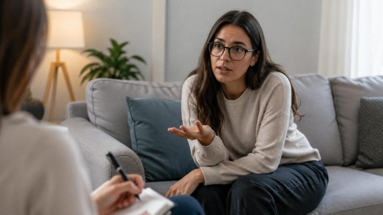 Therapy for Abandonment Trauma hero image of woman discussing attachment issues in therapy.
