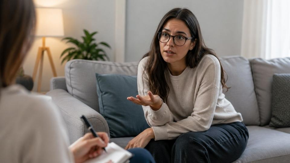 Therapy for Abandonment Trauma hero image of woman discussing attachment issues in therapy.