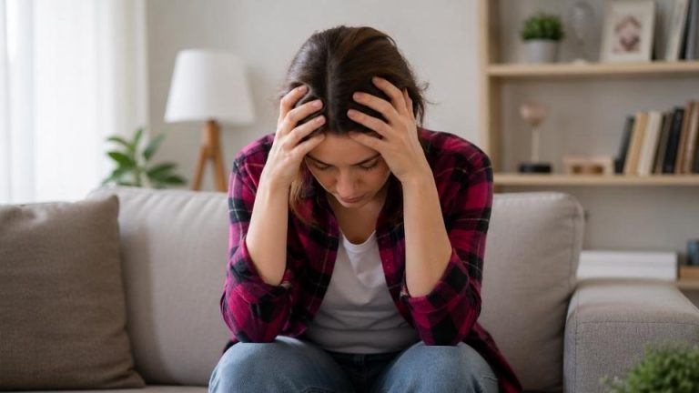 Where Trauma Is Stored in the Body hero image of woman feeling trauma while sitting on a grey couch.