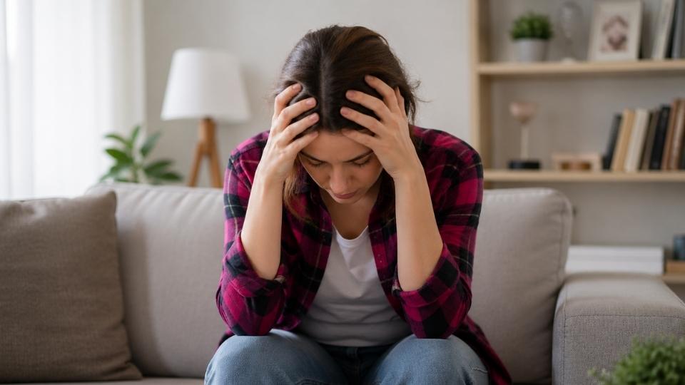 Where Trauma Is Stored in the Body hero image of woman feeling trauma while sitting on a grey couch.