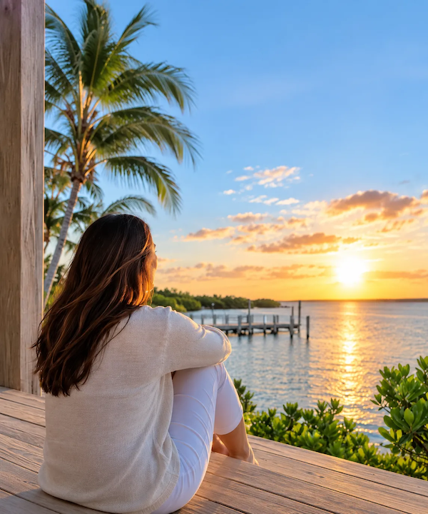 Woman overlooking the water at sunset during residential mental health treatment