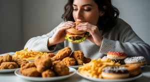 Visual depiction of binge eating disorder in a common domestic setting.