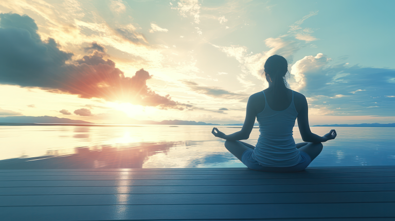 Woman sitting on a dock at sunrise meditating