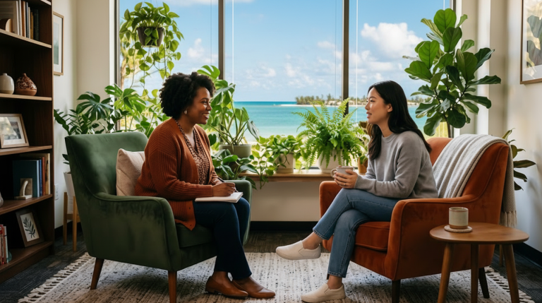 Two women talking in a cozy setting.