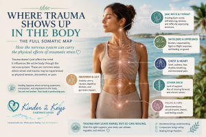 Somatic map showing how traumatic stress may affect the nervous system and be experienced as physical tension or discomfort throughout the body.