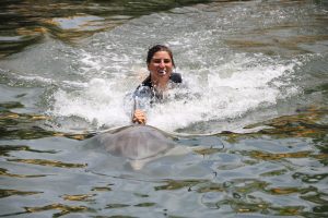 Woman interacting with a dolphin