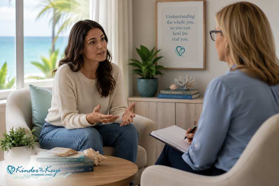 Therapist assessing overlapping anxiety depression and PTSD symptoms