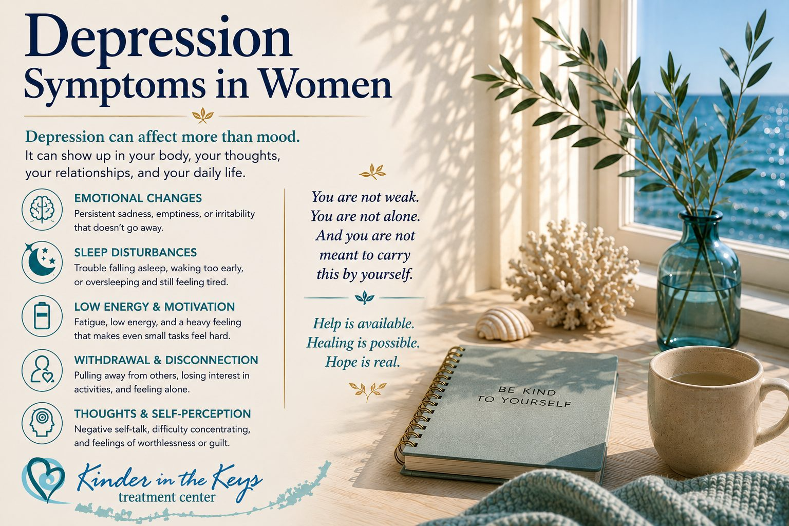 Depression symptoms in women including emotional changes, sleep problems, low energy, withdrawal, and difficulty concentrating