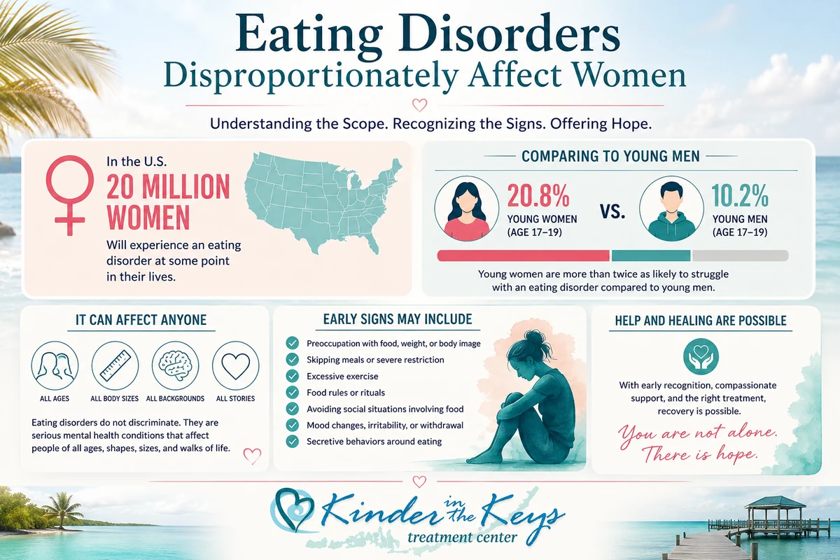 Eating disorders in women infographic showing prevalence, early warning signs, and treatment hope
