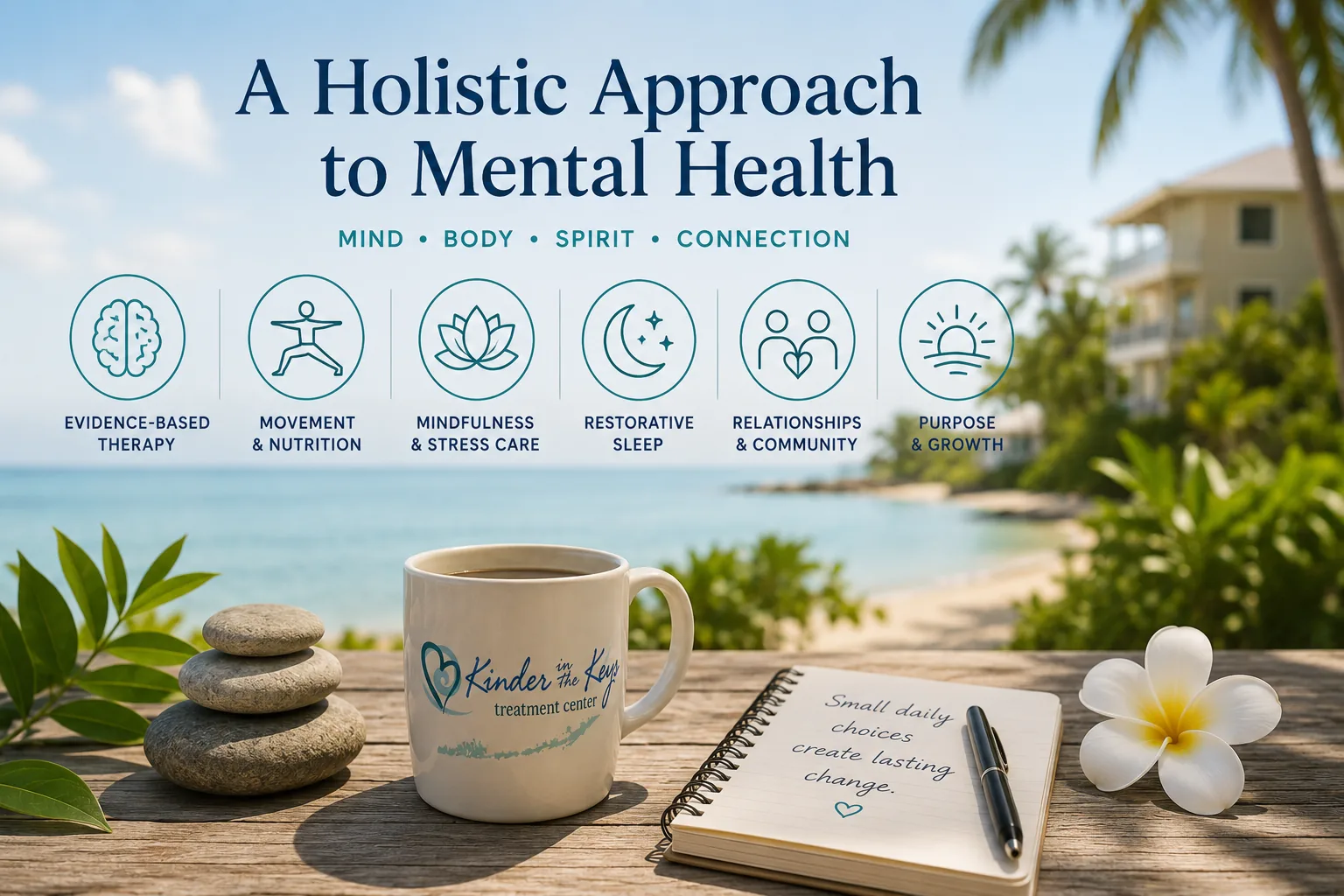 Holistic approach to mental health including therapy, movement, nutrition, mindfulness, sleep, relationships, and personal growth