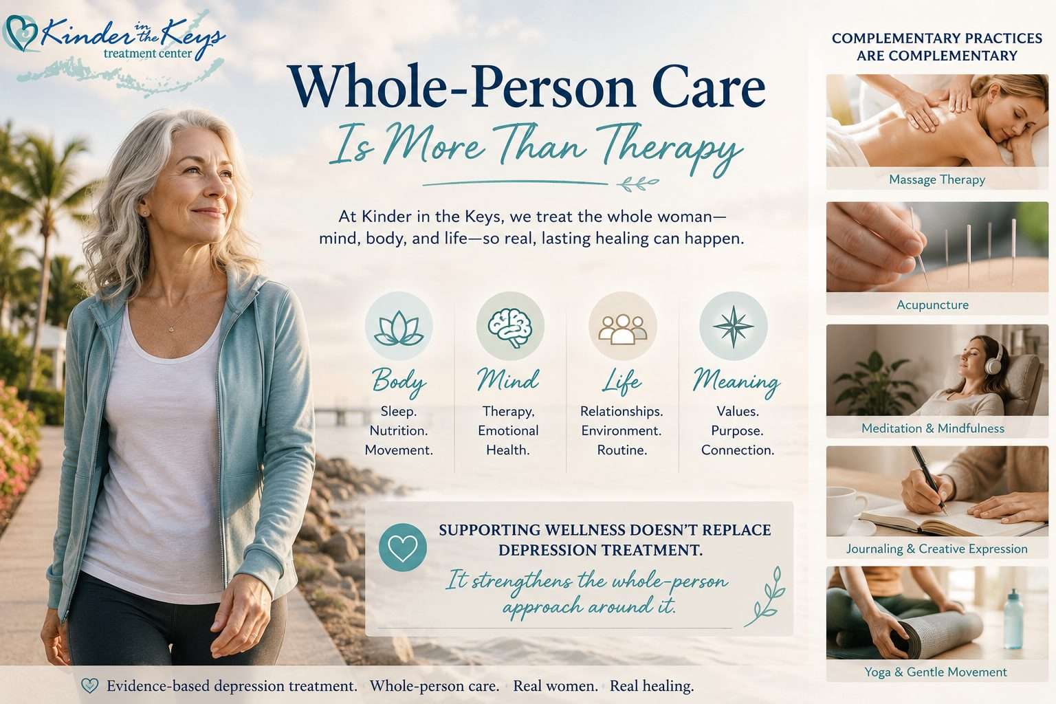 Holistic approach to depression with whole-person care including therapy, wellness, relationships, movement, massage, acupuncture, and mindfulness