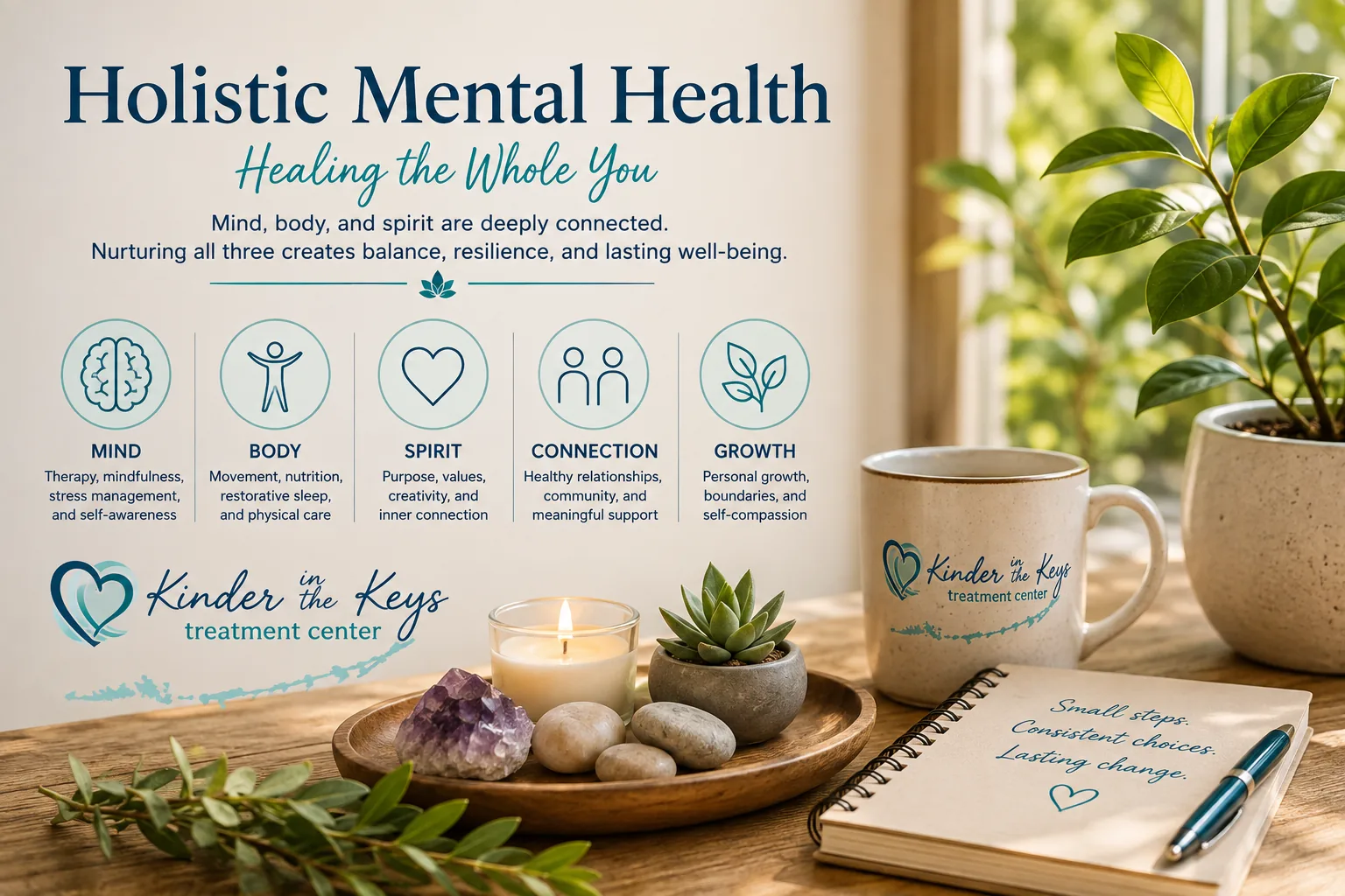 Holistic approach to mental health supporting mind, body, relationships, purpose, and personal growth