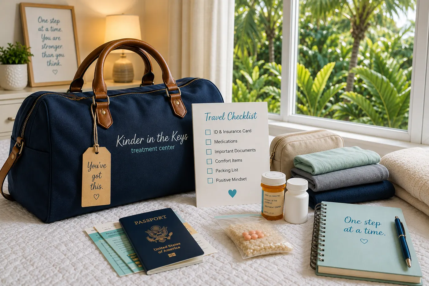 Travel checklist and luggage for traveling to Kinder in the Keys for residential treatment