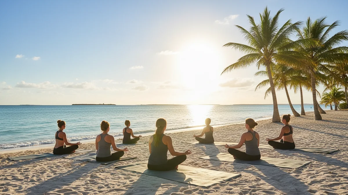 Women practicing group yoga and meditation by the water as part of holistic mental health treatment