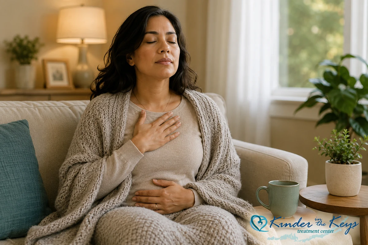 Can anxiety cause you to be cold? Woman calming anxiety chills with slow breathing