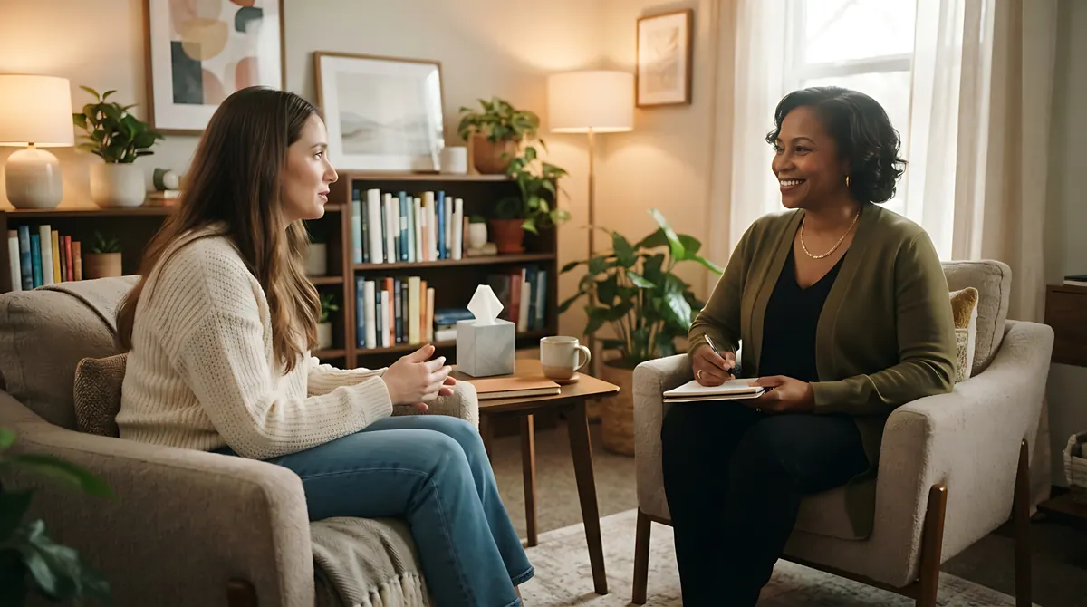 Woman participating in cognitive behavioral therapy for trauma with a female therapist