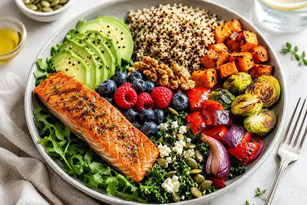 Depression and diet with salmon, vegetables, whole grains, berries, and healthy fats