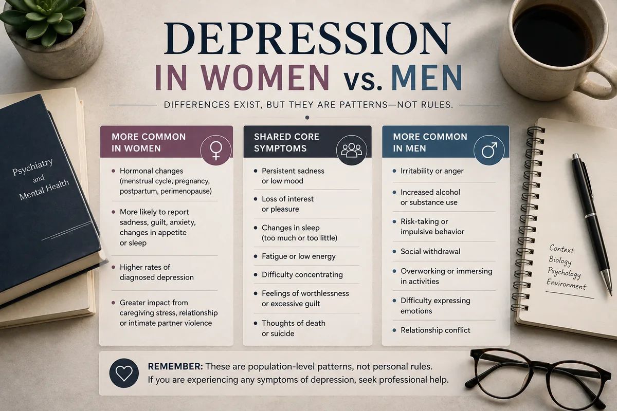 Depression in women vs men showing shared symptoms and population-level differences
