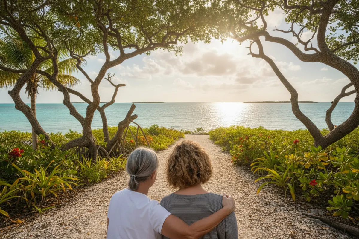 Two women supporting each other on a peaceful path overlooking the water in the Florida Keys.
