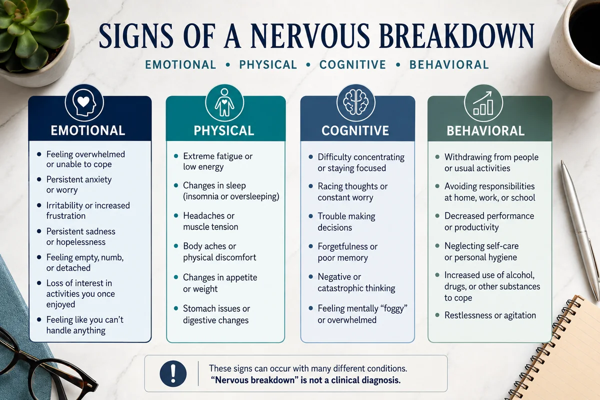 Signs of a nervous breakdown including emotional, physical, cognitive and behavioral warning signs