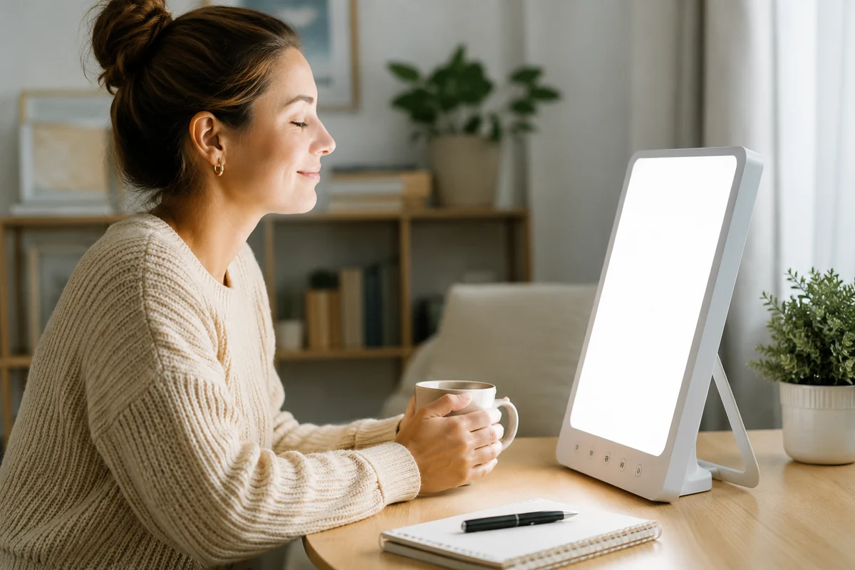 Woman using light therapy to help manage winter blues and seasonal depression