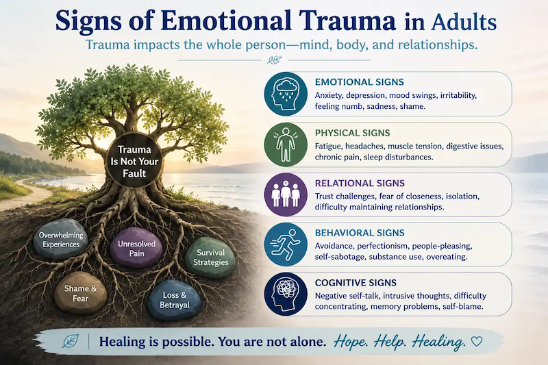 Signs of emotional trauma in adults affecting emotions, body, relationships, behavior and thinking