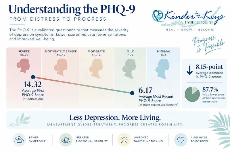 PHQ-9 depression severity scale showing Kinder in the Keys average score change from 14.32 to 6.17