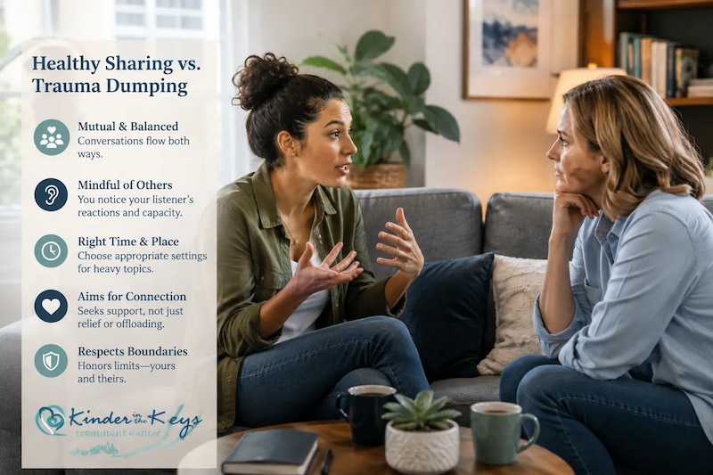 Trauma dumping compared with healthy emotional sharing and respectful boundaries